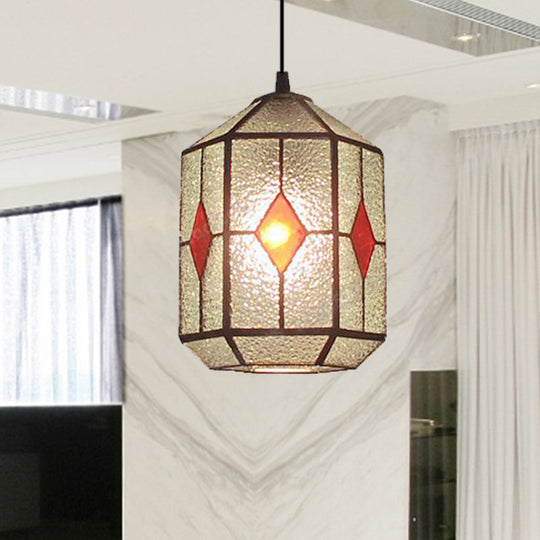 Tiffany Style Cylinder Hanging Light With Rhombus/Leaf Pattern - 1 Red/Green Down On Stainless Glass