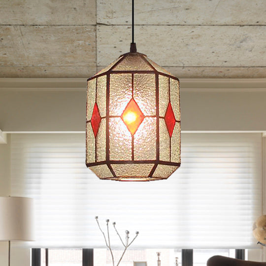 Tiffany Style Cylinder Hanging Light With Rhombus/Leaf Pattern - 1 Red/Green Down On Stainless Glass