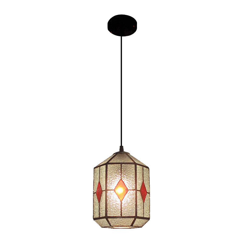 Tiffany Style Cylinder Hanging Light With Rhombus/Leaf Pattern - 1 Red/Green Down On Stainless Glass