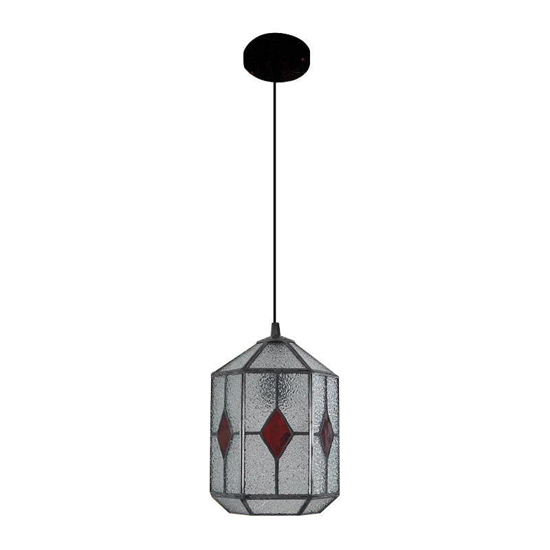 Tiffany Style Cylinder Hanging Light With Rhombus/Leaf Pattern - 1 Red/Green Down On Stainless Glass