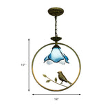 Blue Petal Tiffany Style Hanging Light Fixture - Handcrafted Art Glass Ceiling Lamp With Metal Ring