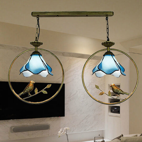 Tiffany Blossom Pendant Lamp With Little Bird Glass Hanging Light In Blue - Perfect For Kitchen