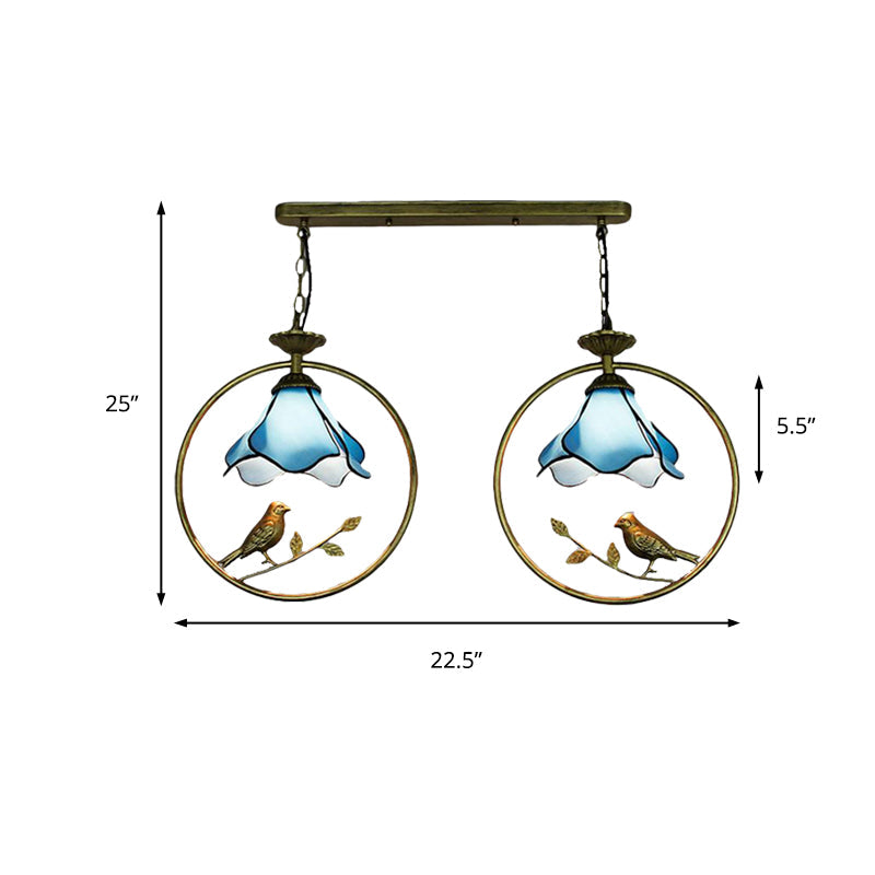 Tiffany Blossom Pendant Lamp With Little Bird Glass Hanging Light In Blue - Perfect For Kitchen
