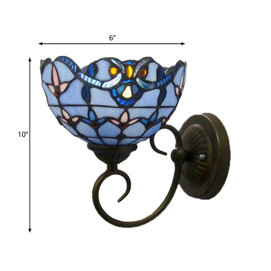 Bowl Wall Mount Light With Curved Arm - 1 Stained Glass Victorian Sconce In Brown/Blue