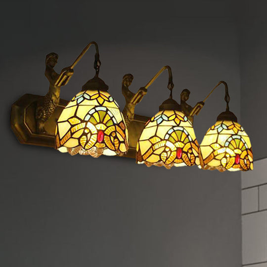 Mermaid/Arc Arm Baroque Style Stained Glass Wall Sconce Light Fixture With 3 Dome Lights - Brown