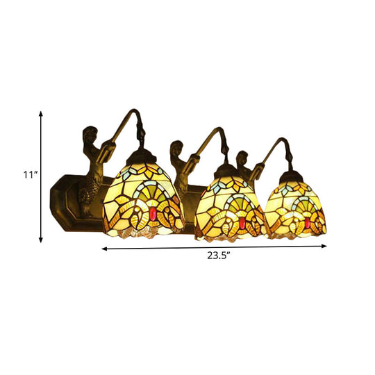 Mermaid/Arc Arm Baroque Style Stained Glass Wall Sconce Light Fixture With 3 Dome Lights - Brown