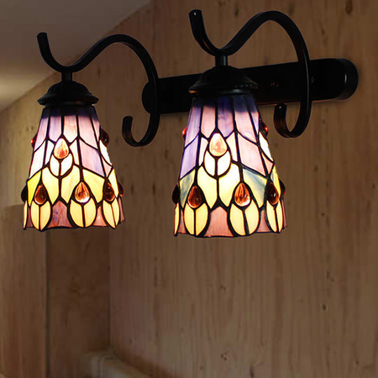 Peacock Tail Stained Glass Wall Sconce With Dual Cone Lights And Rustic Black Backplate