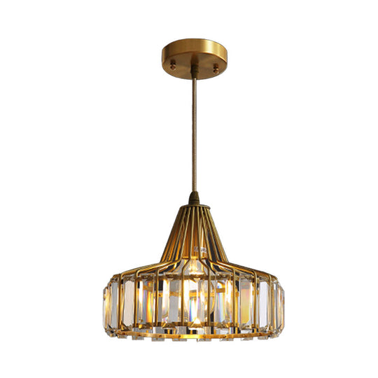 Contemporary Crystal Block Drum Pendant Light - Gold 10/14 Wide Hanging