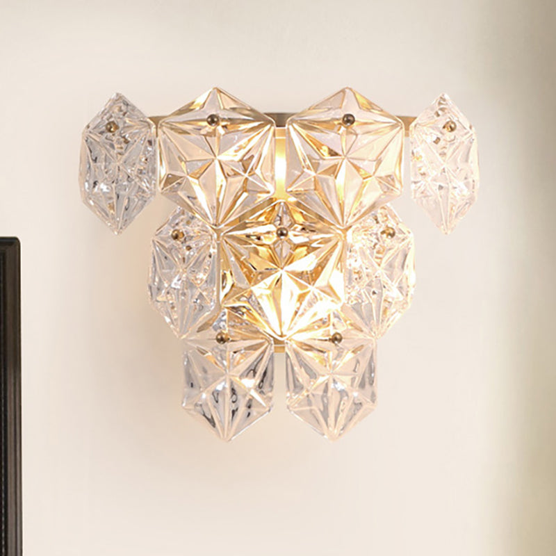Modern Clear Crystal Hexagon Wall Light With Brass Finish - 2 Lights 8.5/12.5 Width Perfect For