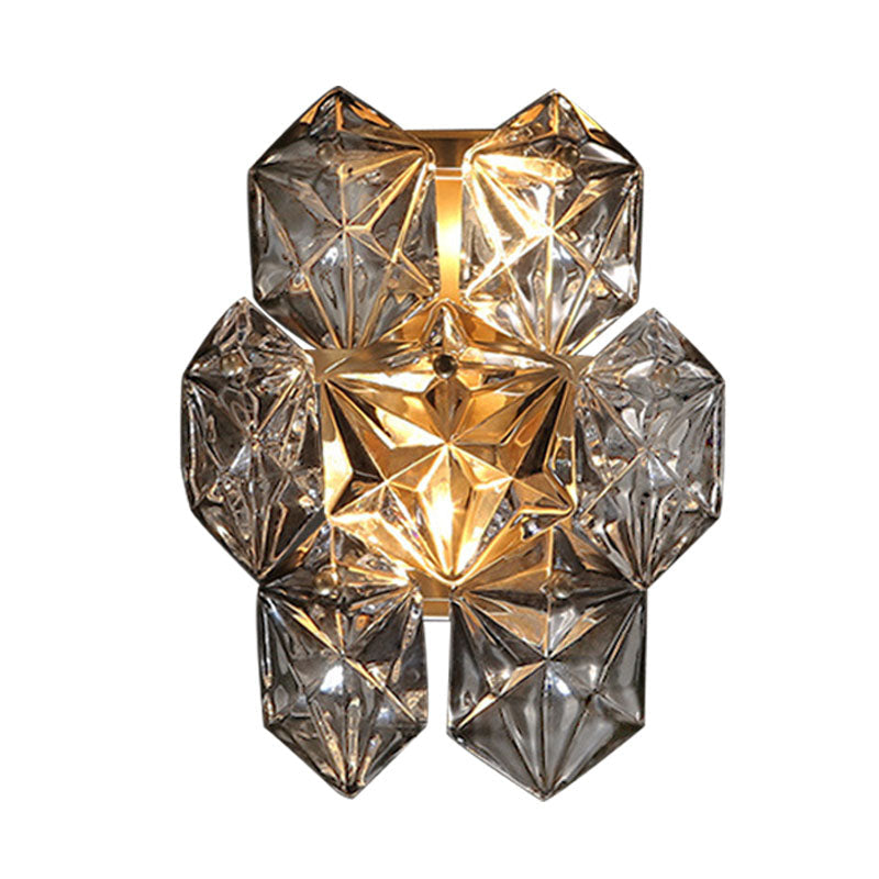 Modern Clear Crystal Hexagon Wall Light With Brass Finish - 2 Lights 8.5/12.5 Width Perfect For
