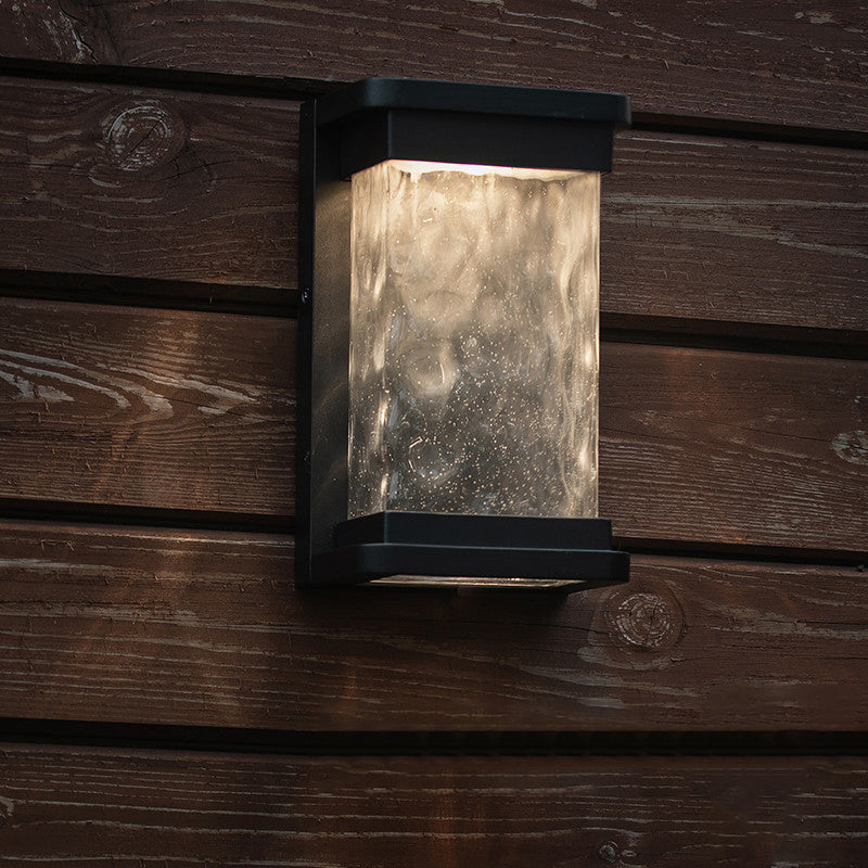 Modern Black Led Outdoor Wall Sconce With Rippled Glass In Rectangle Design