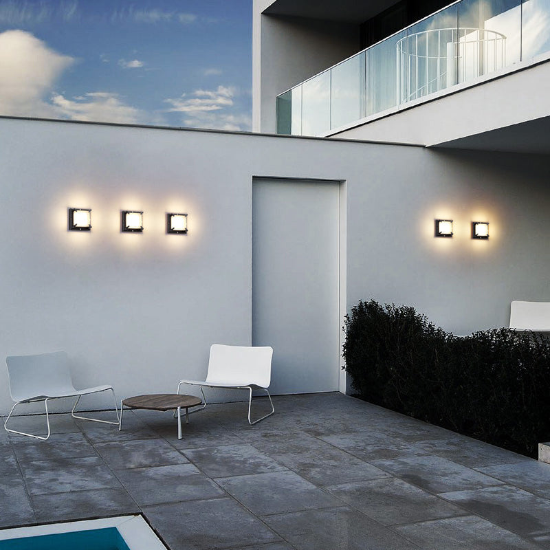 Contemporary Led Square Patio Wall Sconce Light In Black With Frosted Glass