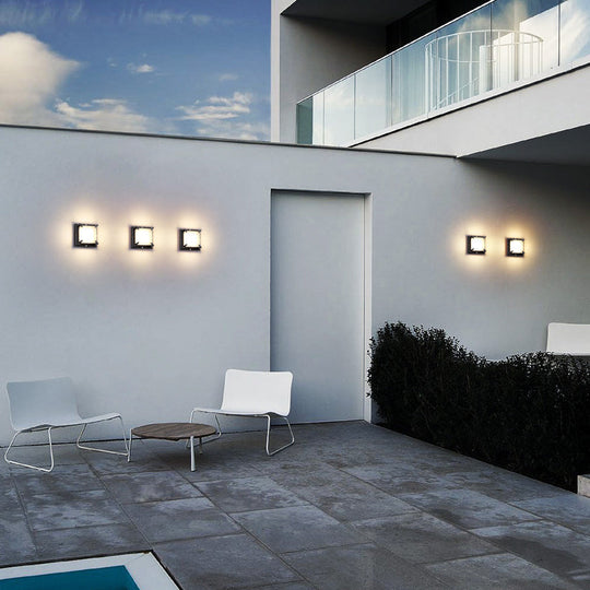 Contemporary Led Square Patio Wall Sconce Light In Black With Frosted Glass