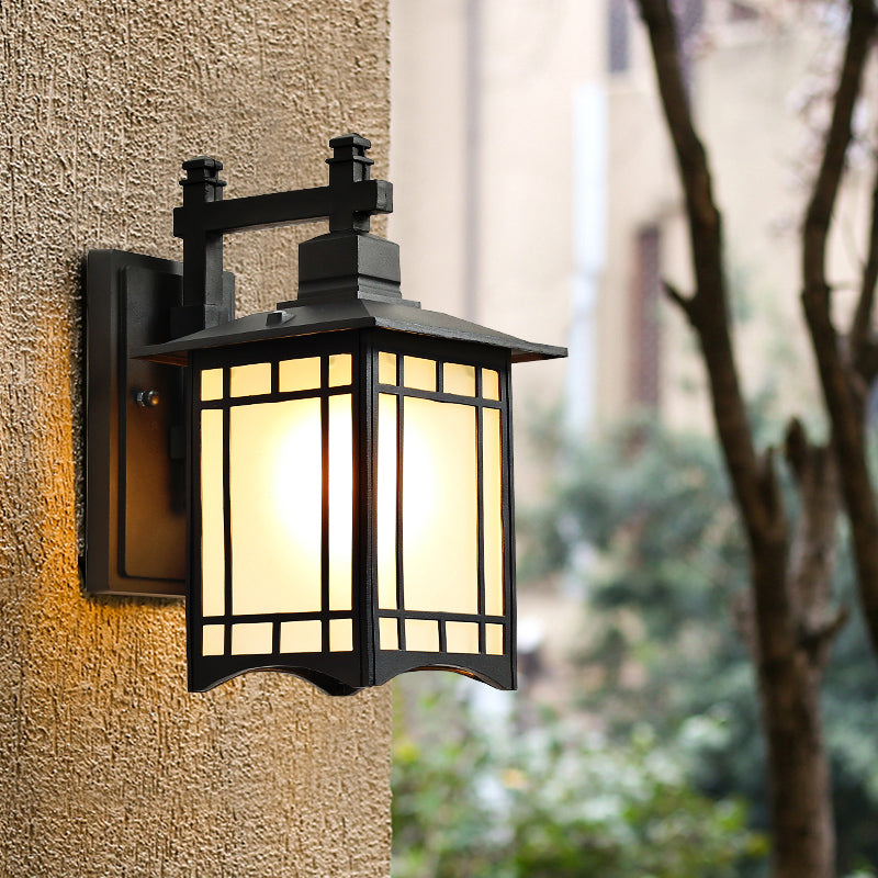 Rustic Metal Wall Sconce Light - Rectangular Outdoor 1-Light Black Finish / 7