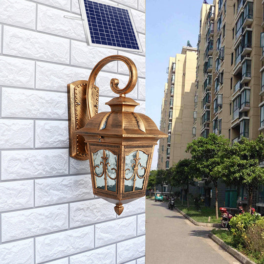 Outdoor Solar Wall Sconce - Lantern Shaped Led Lamp Fixture With Traditional Clear Glass Design
