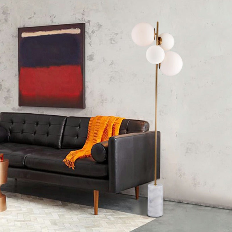Postmodern 4-Head Floor Light With Brass Globe Stand Up Lamp And White Glass Shade - Ideal For