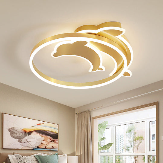 Gold Dolphin & Loop Led Ceiling Light For Kids With Acrylic Shade