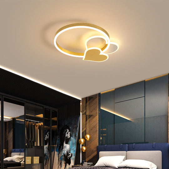 Golden Love Led Flush Mount Ceiling Light For Bedroom - Minimalist Acrylic Design With Metal Ring