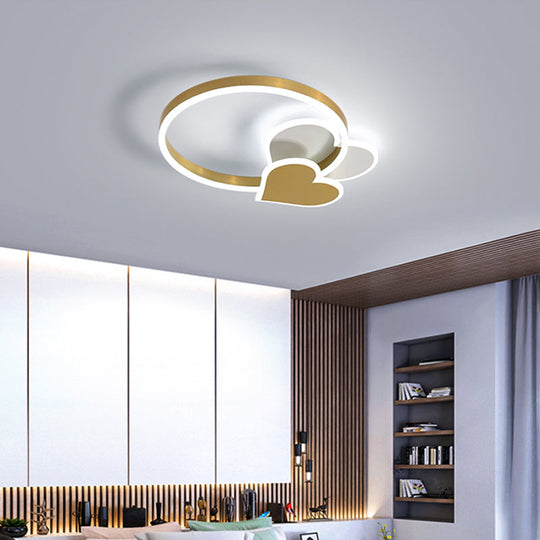 Golden Love Led Flush Mount Ceiling Light For Bedroom - Minimalist Acrylic Design With Metal Ring
