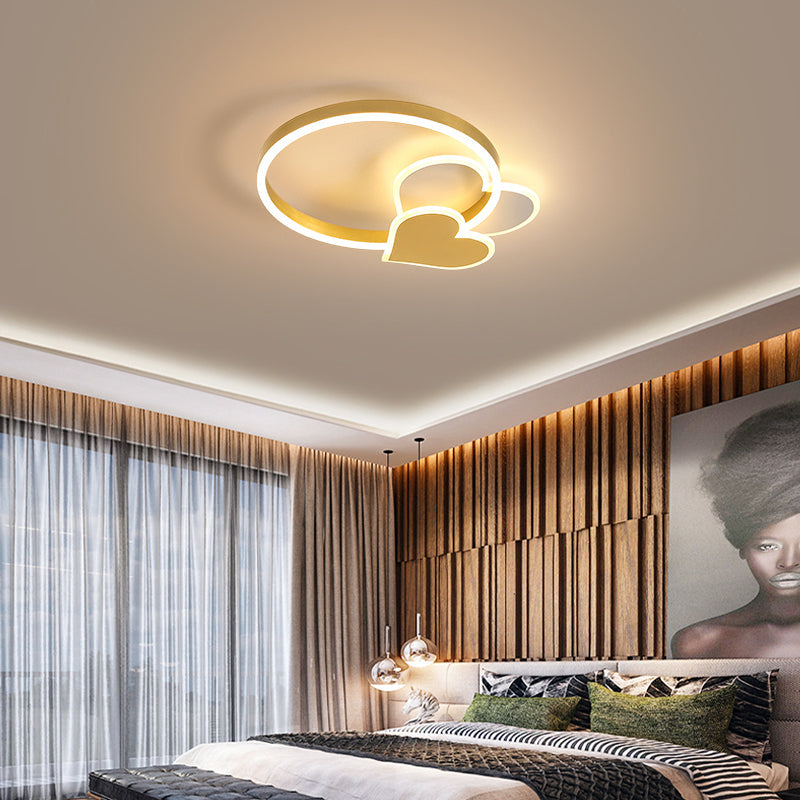 Golden Love Led Flush Mount Ceiling Light For Bedroom - Minimalist Acrylic Design With Metal Ring