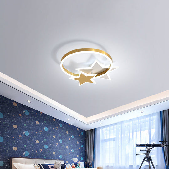 Gold Star And Circle Led Ceiling Flush Mount Light For Kids Room Childrens Metal Fixture / 16 White