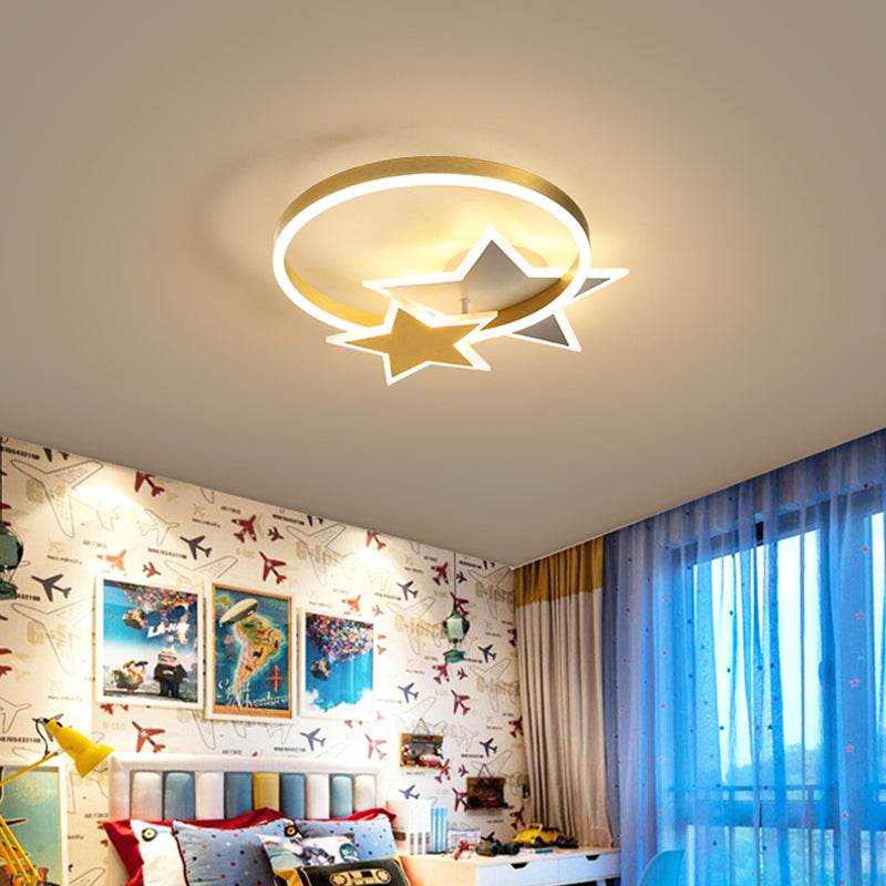 Gold Star And Circle Led Ceiling Flush Mount Light For Kids Room – Childrens Metal Fixture /