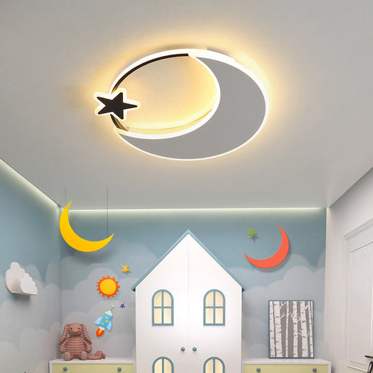 Kids Led Moon And Star Ceiling Light Fixture - Acrylic Black-White Flush Mount For Bedroom / 16.5