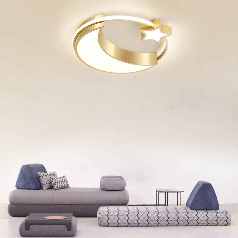 Golden Moon And Star Led Flush Mount: Nordic Acrylic Ceiling Light For Nursery