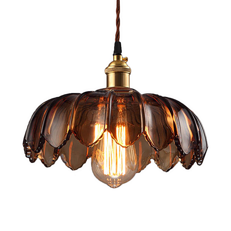 Industrial Scalloped Ceiling Lighting: 1-Light 8’/10’/12’ Wide Brown Glass Hanging Lamp