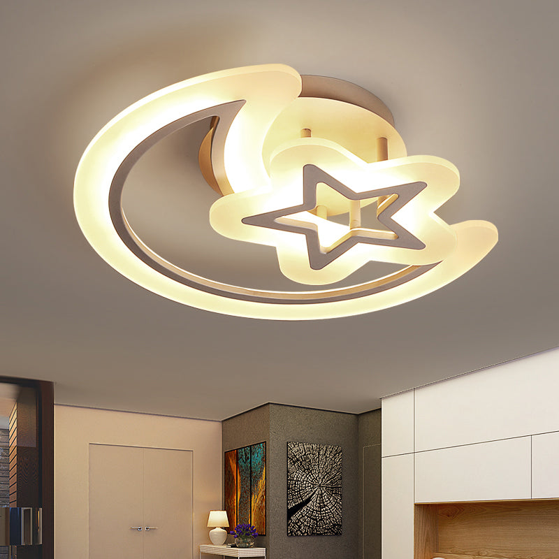 Kids’ Moon And Star Ceiling Lamp - White Led Semi Flush Mount For Bedroom