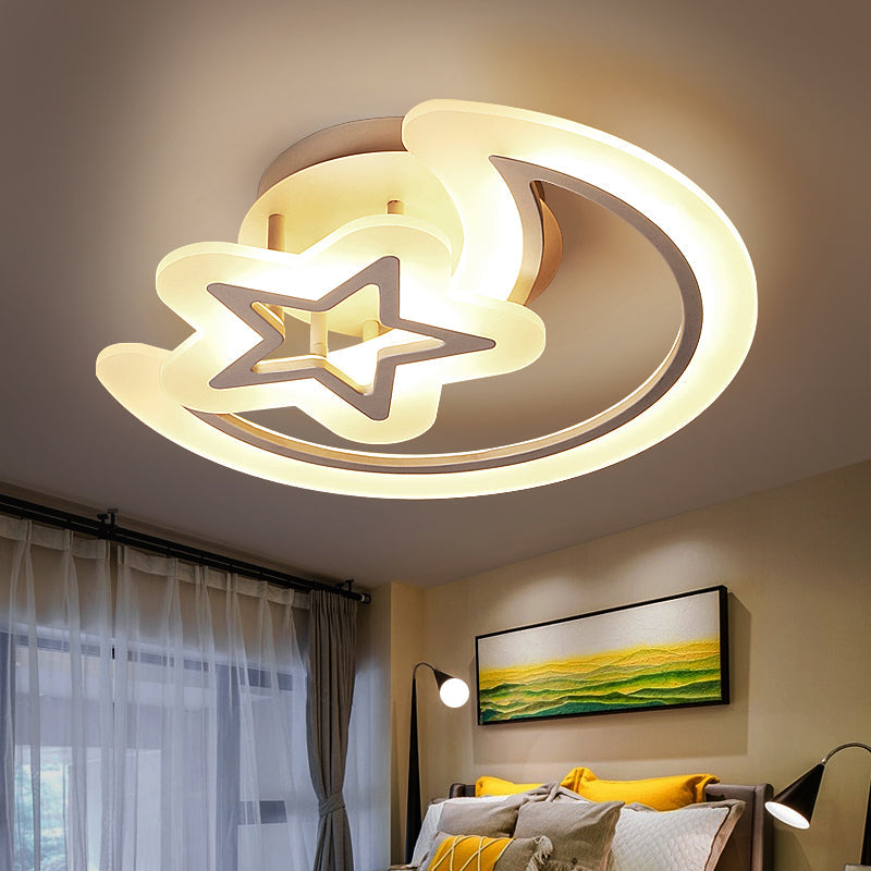 Kids’ Moon And Star Ceiling Lamp - White Led Semi Flush Mount For Bedroom