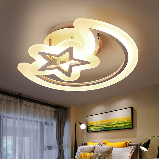Kids’ Moon And Star Ceiling Lamp - White Led Semi Flush Mount For Bedroom