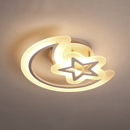 Kids’ Moon And Star Ceiling Lamp - White Led Semi Flush Mount For Bedroom / 19.5’ Remote