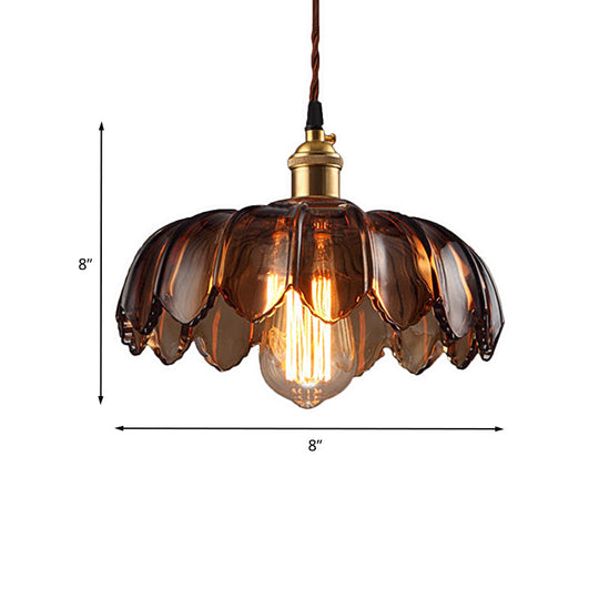 Industrial Scalloped Ceiling Lighting: 1-Light 8’/10’/12’ Wide Brown Glass Hanging Lamp