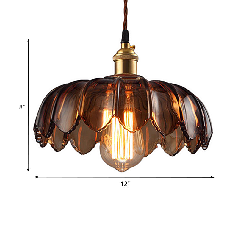 Industrial Scalloped Ceiling Lighting: 1-Light 8’/10’/12’ Wide Brown Glass Hanging Lamp