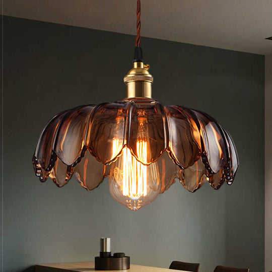 Industrial Scalloped Ceiling Lighting: 1-Light 8’/10’/12’ Wide Brown Glass Hanging Lamp