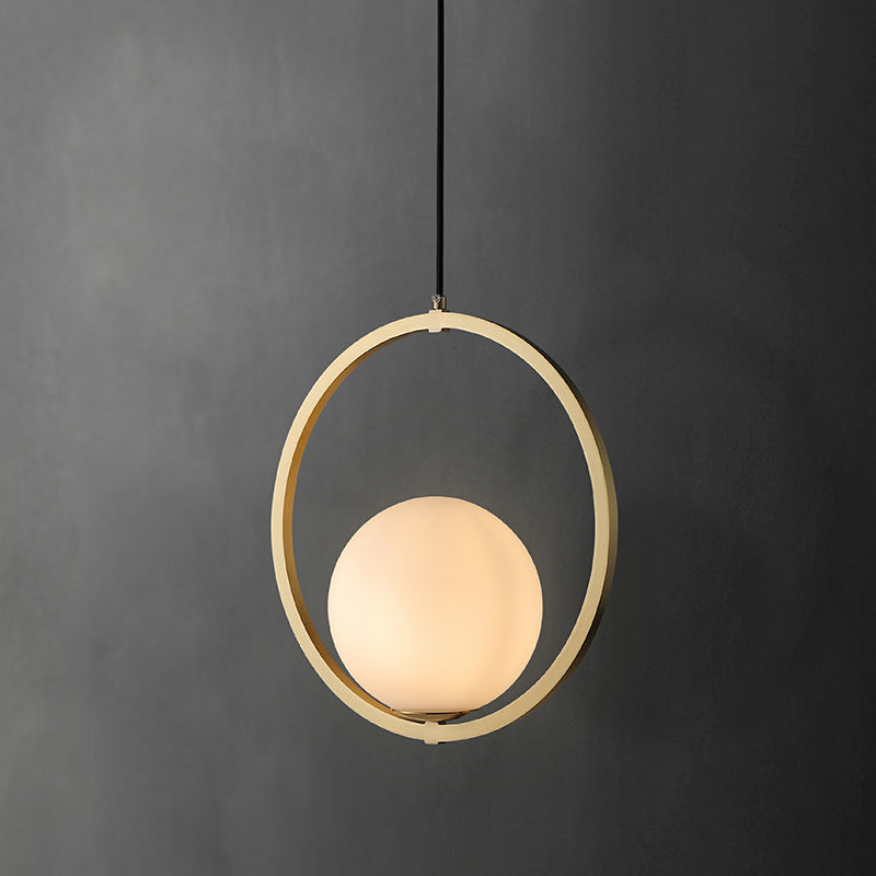 Opaque Glass Ball Ceiling Suspension Brass Drop Pendant With Metal Ring Lighting