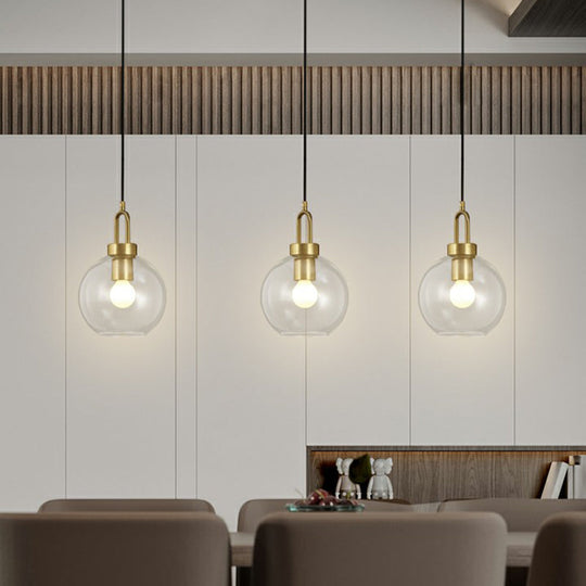 Simple Glass Sphere Pendant Light - 1 Head Brass Finish Dining Room Ceiling Lamp