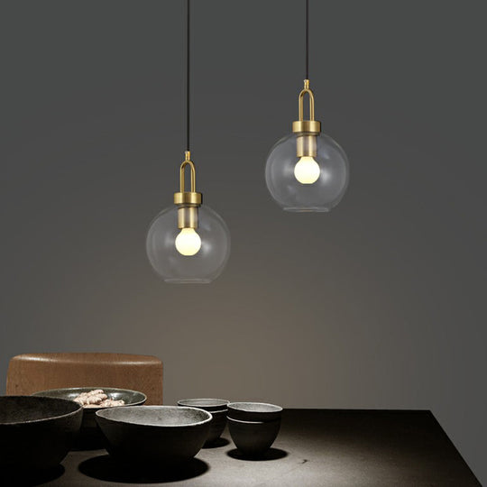 Simple Glass Sphere Pendant Light - 1 Head Brass Finish Dining Room Ceiling Lamp