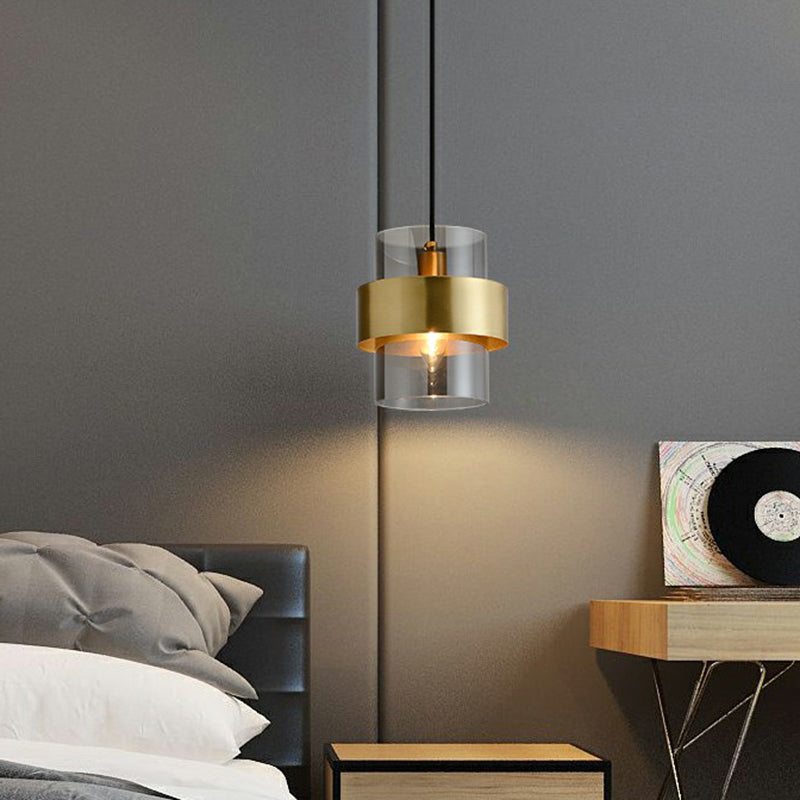 Smoke Grey Glass Cylinder Pendant Light With Brass Postmodern Design For Bedroom Down Lighting