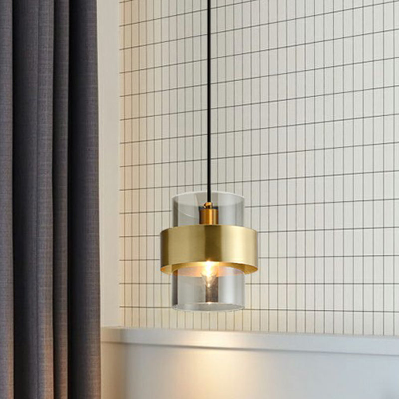 Smoke Grey Glass Cylinder Pendant Light With Brass Postmodern Design For Bedroom Down Lighting