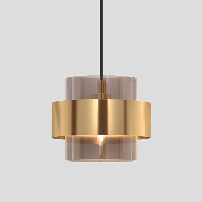 Nordic Cognac Glass Pendant Light With Gold Ring Guard