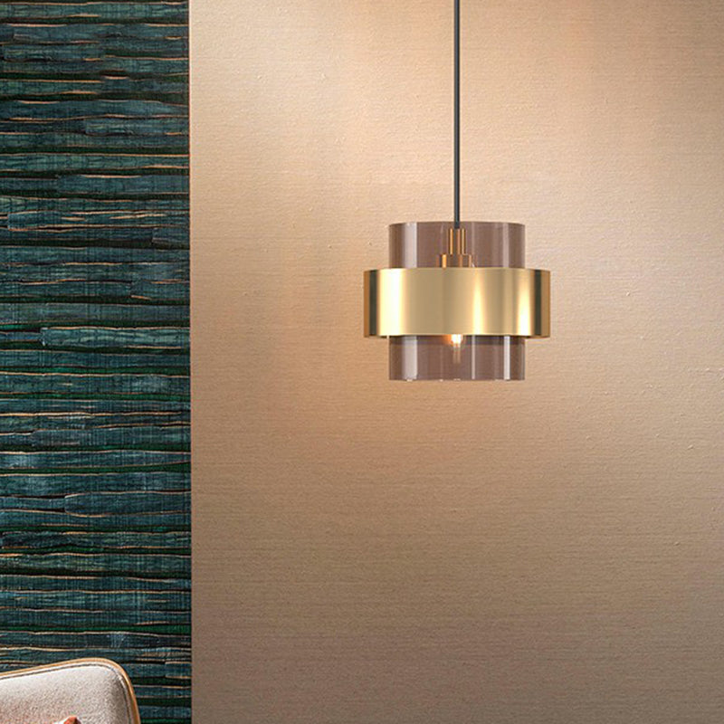 Cognac Glass Pendant Light Fixture With Nordic Design And Gold Ring Guard