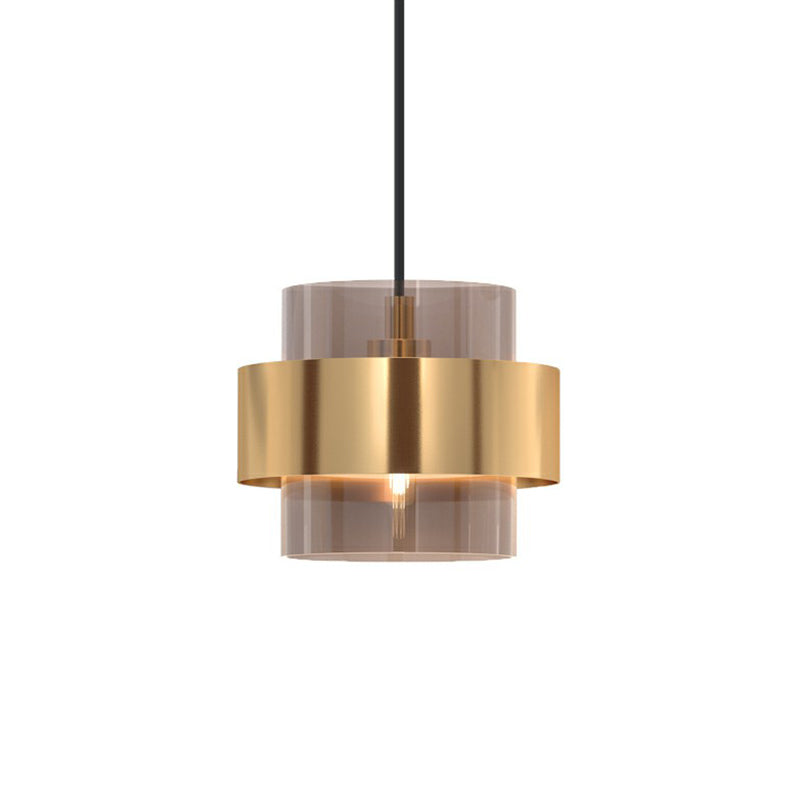 Nordic Cognac Glass Pendant Light With Gold Ring Guard