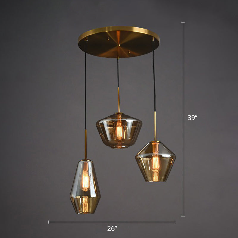 Modern Brass Pendant Light With Glass Shades - 3 Bulb Cluster Ceiling Suspension Amber / Round
