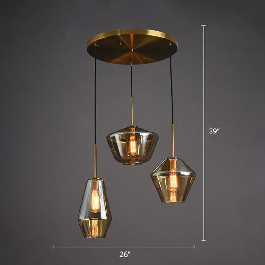 Modern Brass Pendant Light With Glass Shades - 3 Bulb Cluster Ceiling Suspension Amber / Round