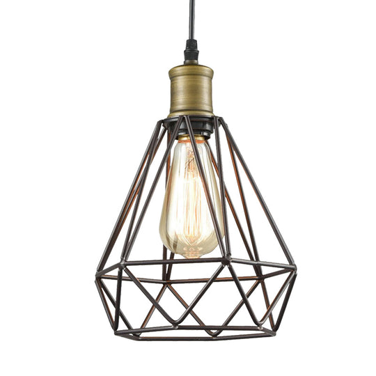 Vintage Diamond Cage Pendant Light - Iron Hanging Lamp In Brass For Living Room