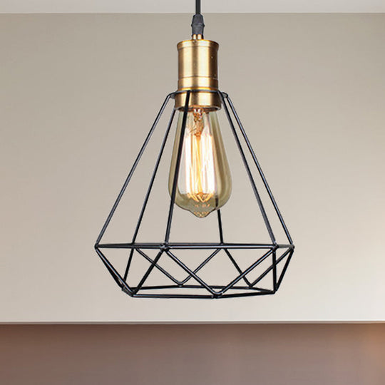 Diamond Cage Pendant Light In Retro Style- Brass/Antique For Living Room