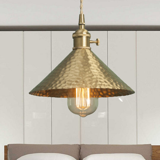 Vintage Brass/Gold Pendant Light With Conical Shade And 1 Bulb