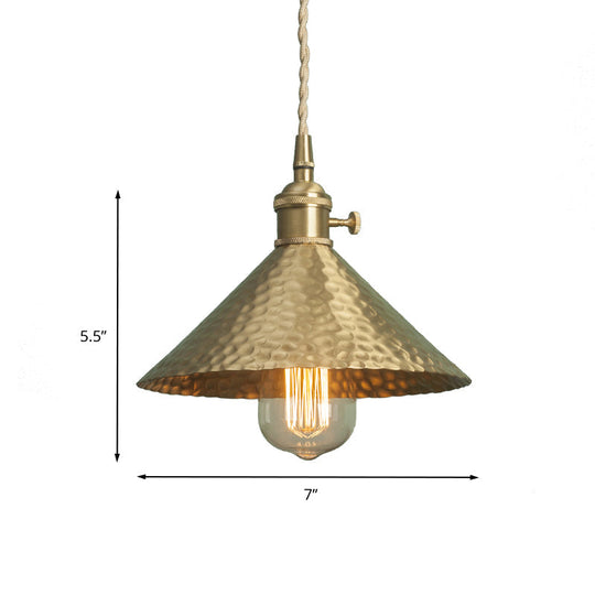 Vintage Suspension Pendant Light With Metallic Brass/Gold Finish - 7’/8.5’ Conical Shade 1-Light